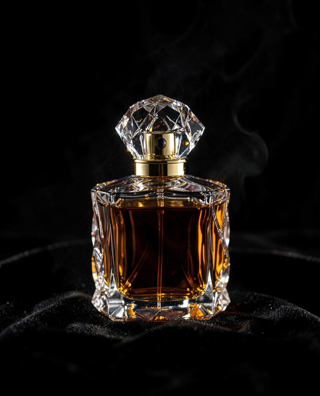 Frasco de cristal con perfume ámbar y tapa de diamante sobre terciopelo negro