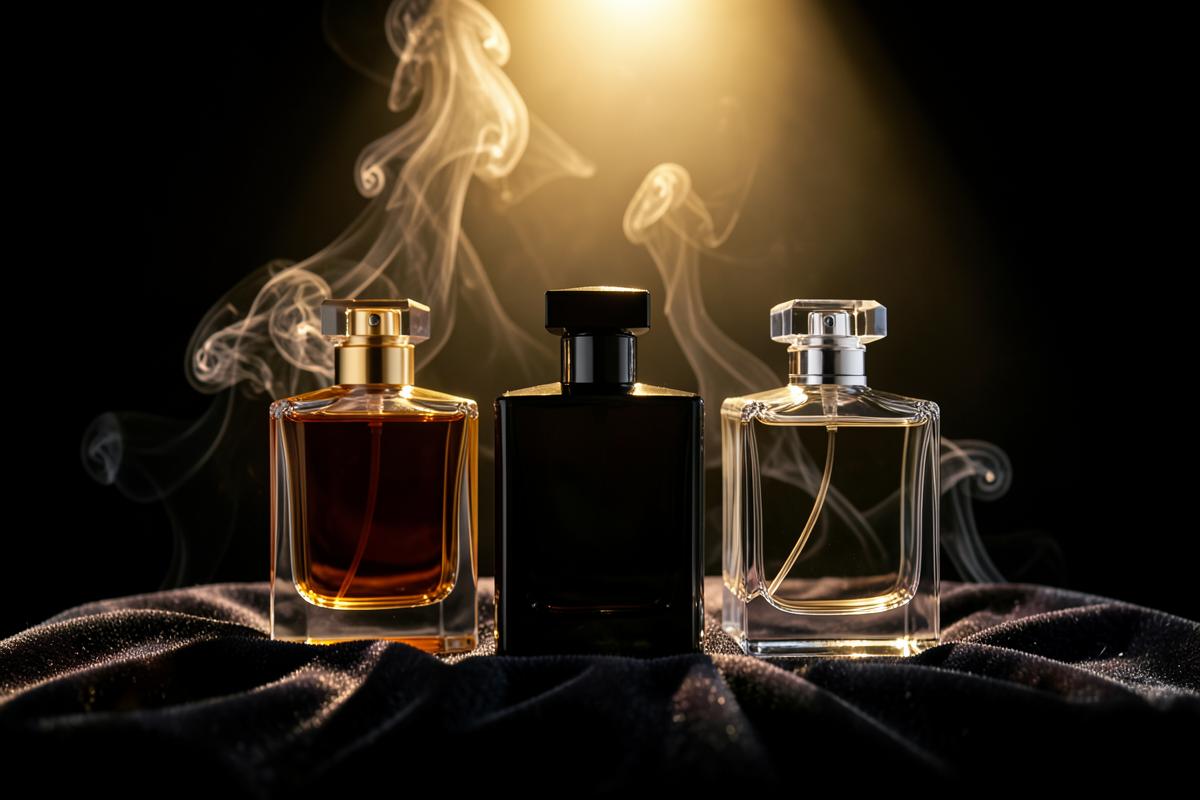 Colección de tres frascos de perfume de lujo sobre terciopelo con humo
