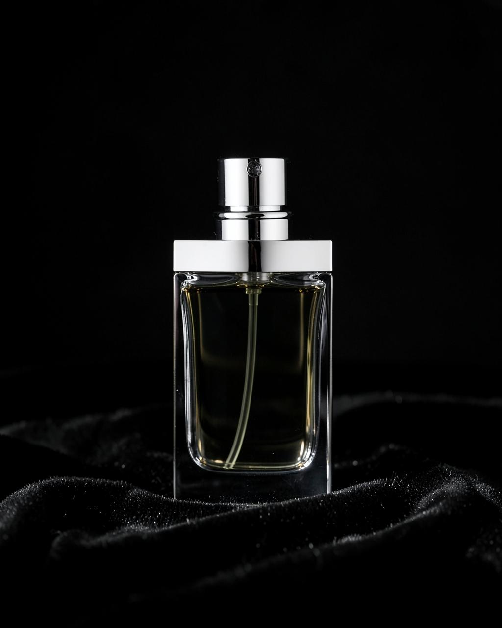 Frasco de perfume transparente con tapa plateada sobre terciopelo negro