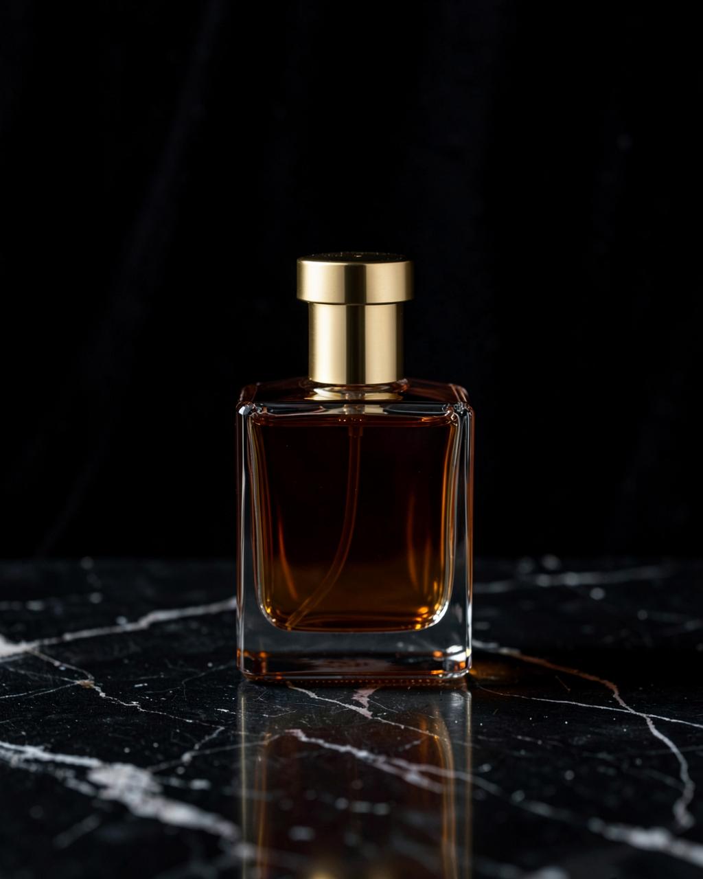 Frasco de perfume con líquido ámbar y tapa dorada sobre mármol negro
