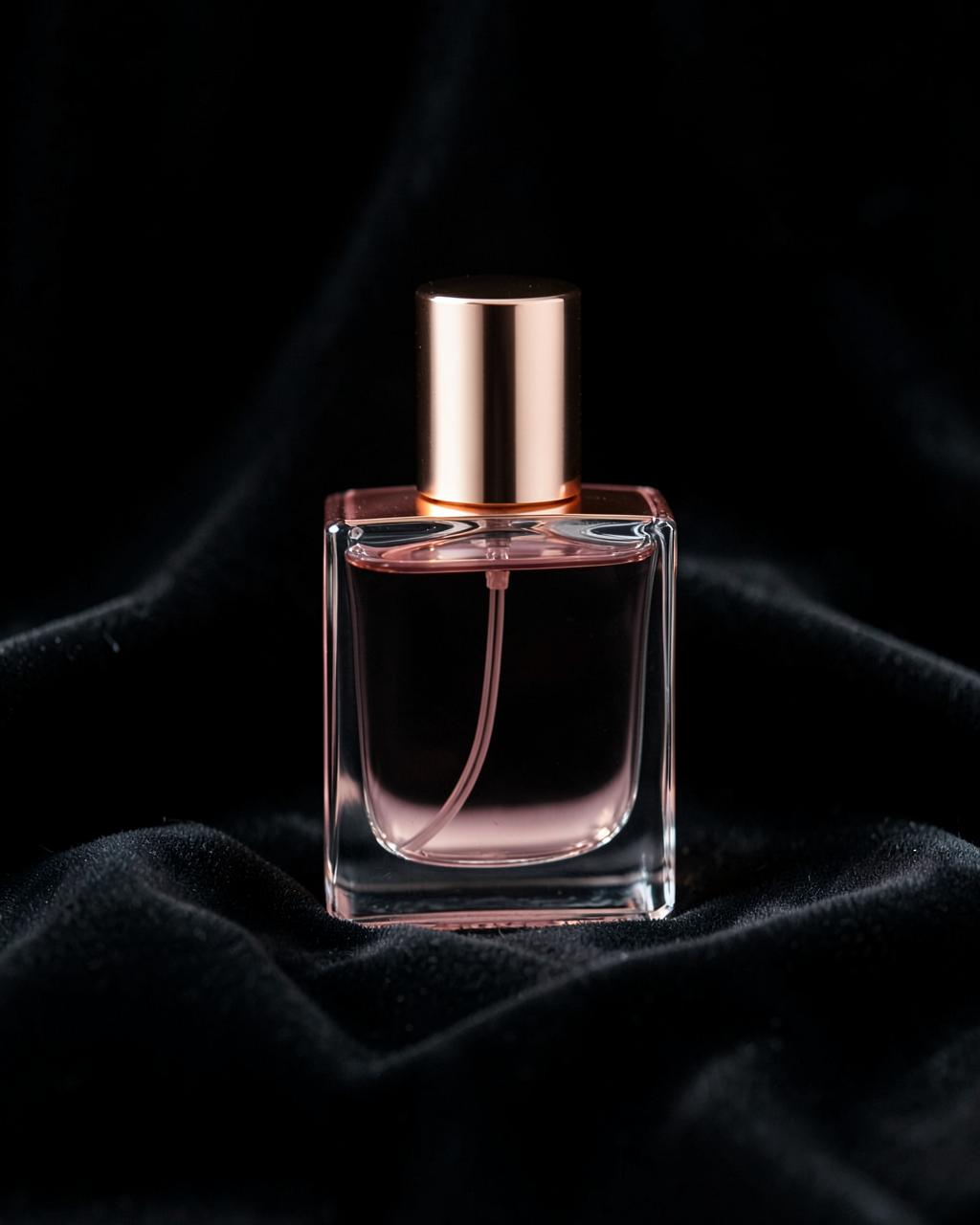 Frasco de perfume con líquido rosado y tapa oro rosa sobre seda negra