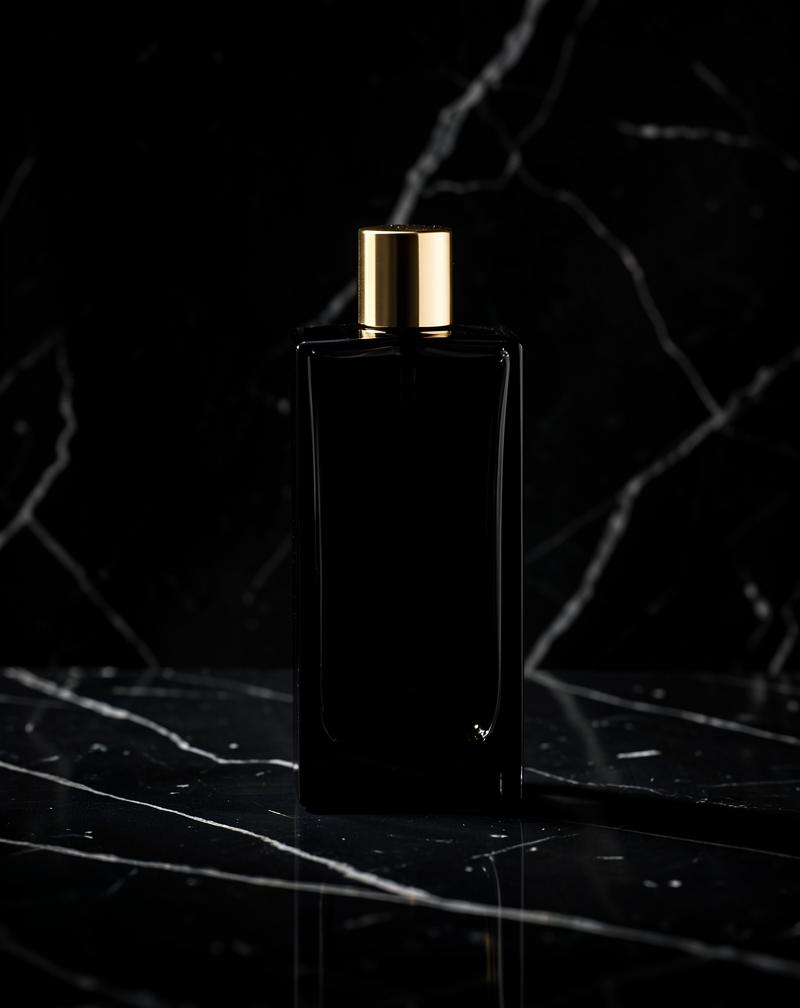 Frasco de perfume negro con tapa dorada sobre mármol oscuro