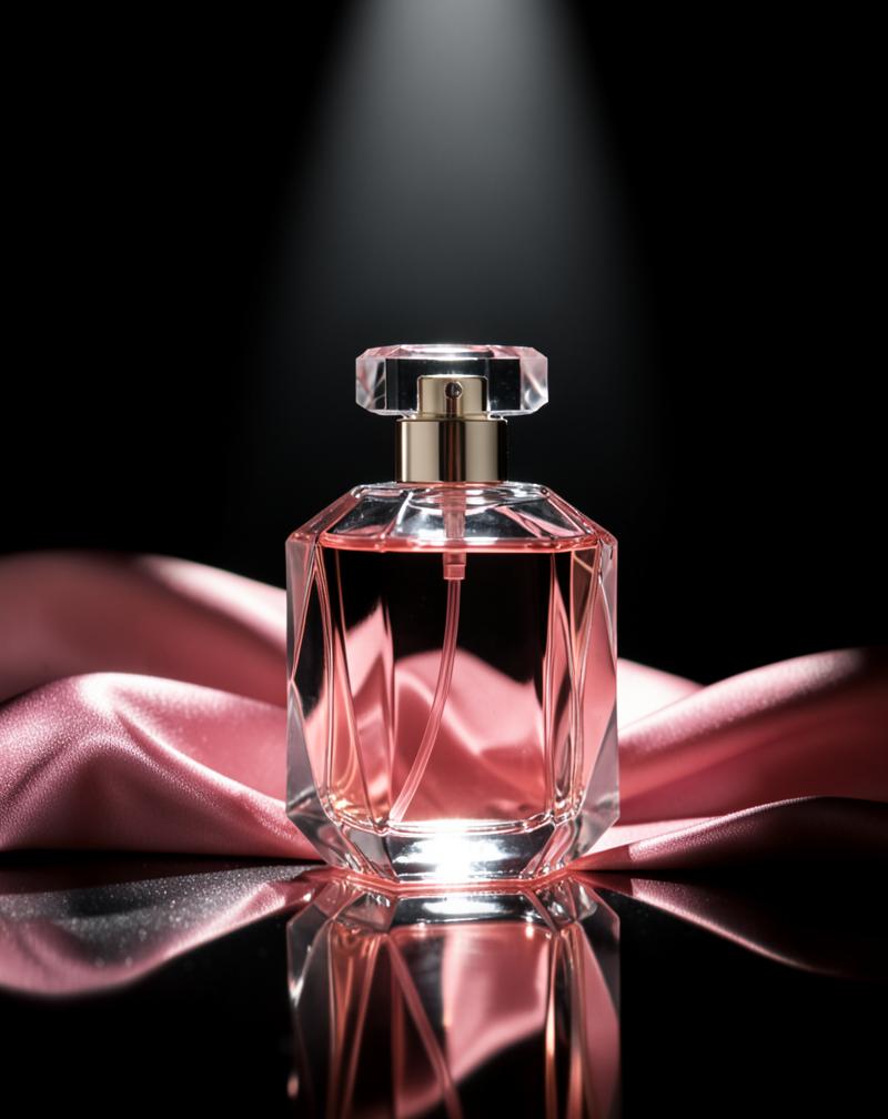 Frasco de perfume facetado con líquido rosado sobre seda rosa