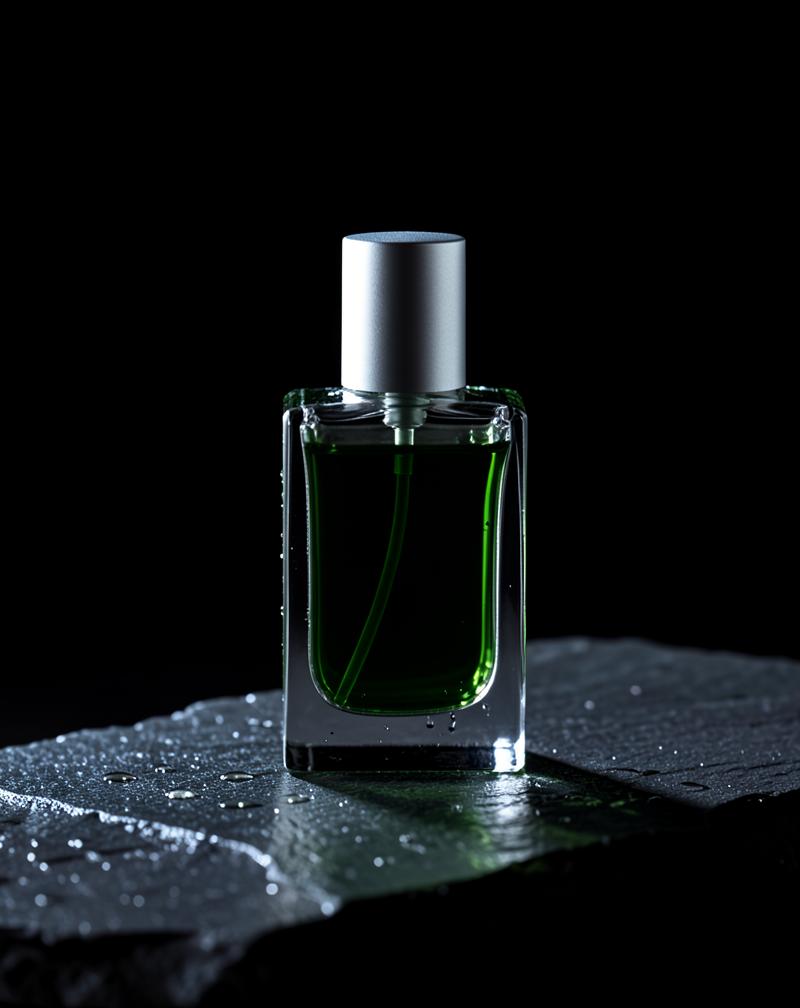 Frasco de perfume transparente con líquido verde y tapa plateada